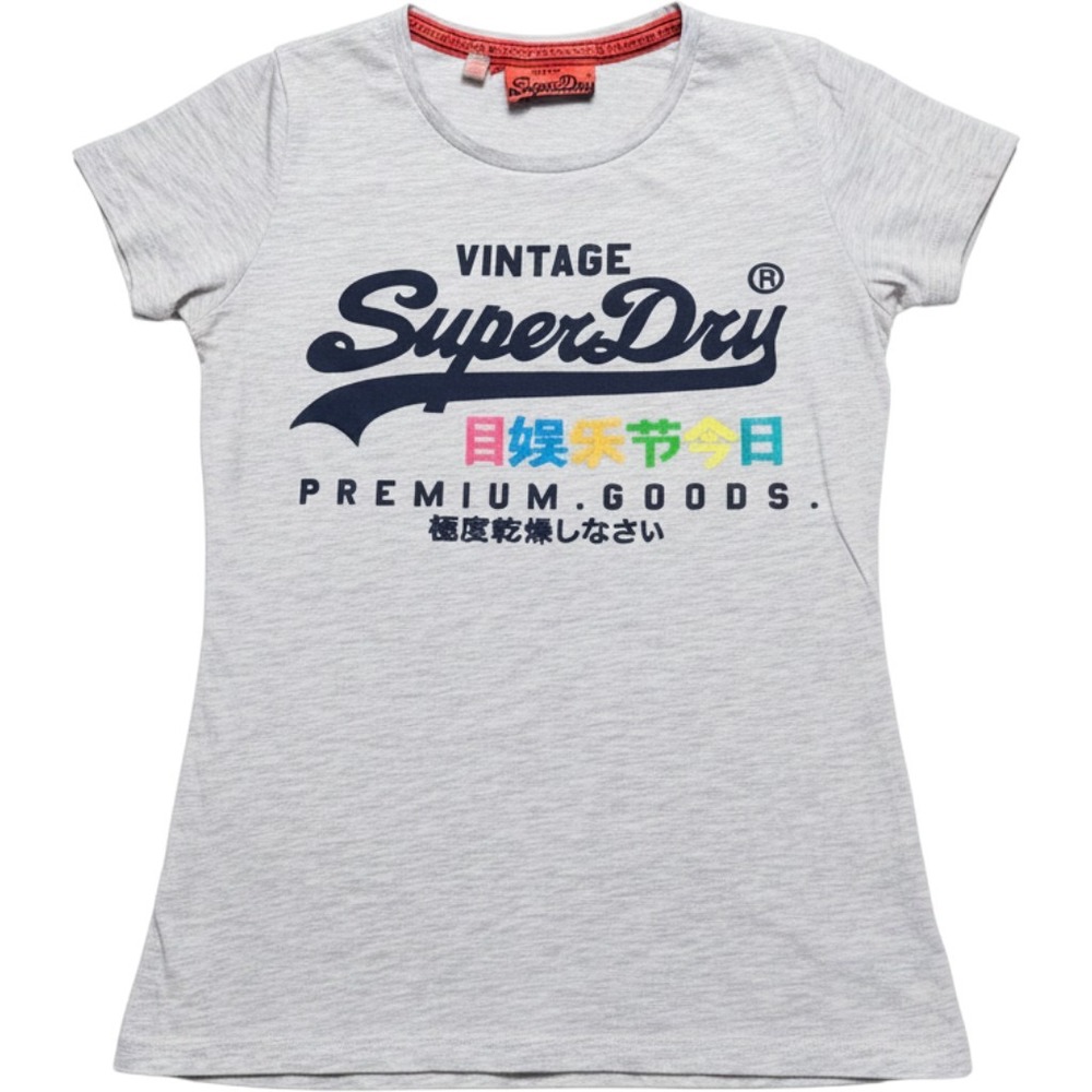 Superdry Vintage Premium Goods T-Shirt Grey Marl Multi Color Graphic Womens S